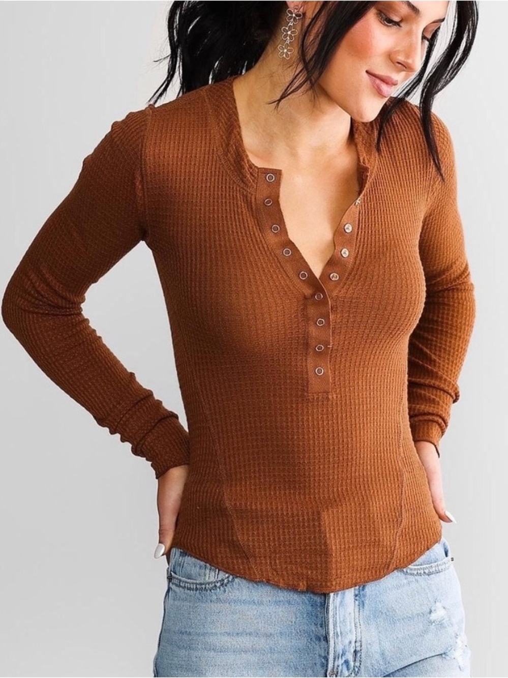 Free People Dark Orange Waffle Knit Henley Long-Sleeve Top